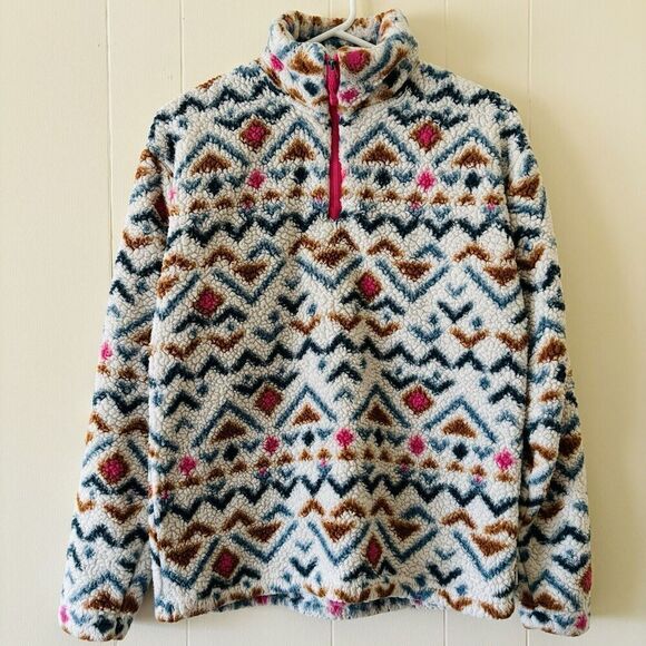 Eddie Bauer Womens Pink Blue Aztec Southwest Print Pattern Fleece Quarter Zip - Picture 1 of 6